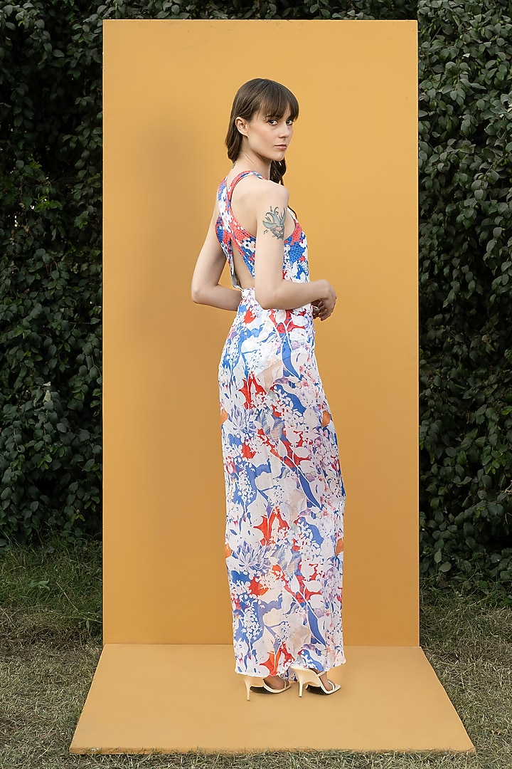 Blue Printed Bodysuit With Sarong by Mandira Wirk - Resort at Pernia's Pop Up Shop