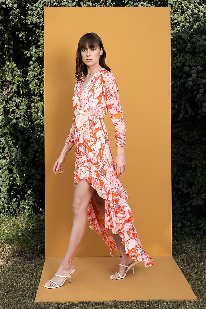 Orange Printed Wrapped Cocktail Dress by Mandira Wirk - Resort at Pernia's Pop Up Shop