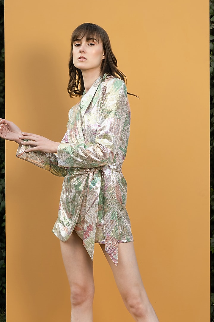 Green Printed Wrapped Jacket Vacation Dress by Mandira Wirk - Resort at Pernia's Pop Up Shop