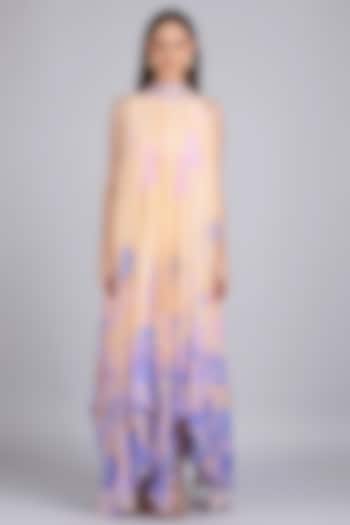 Ivory & Purple Chiffon Printed & Embroidered High-Low Vacation Dress by Mandira Wirk - Resort at Pernia's Pop Up Shop