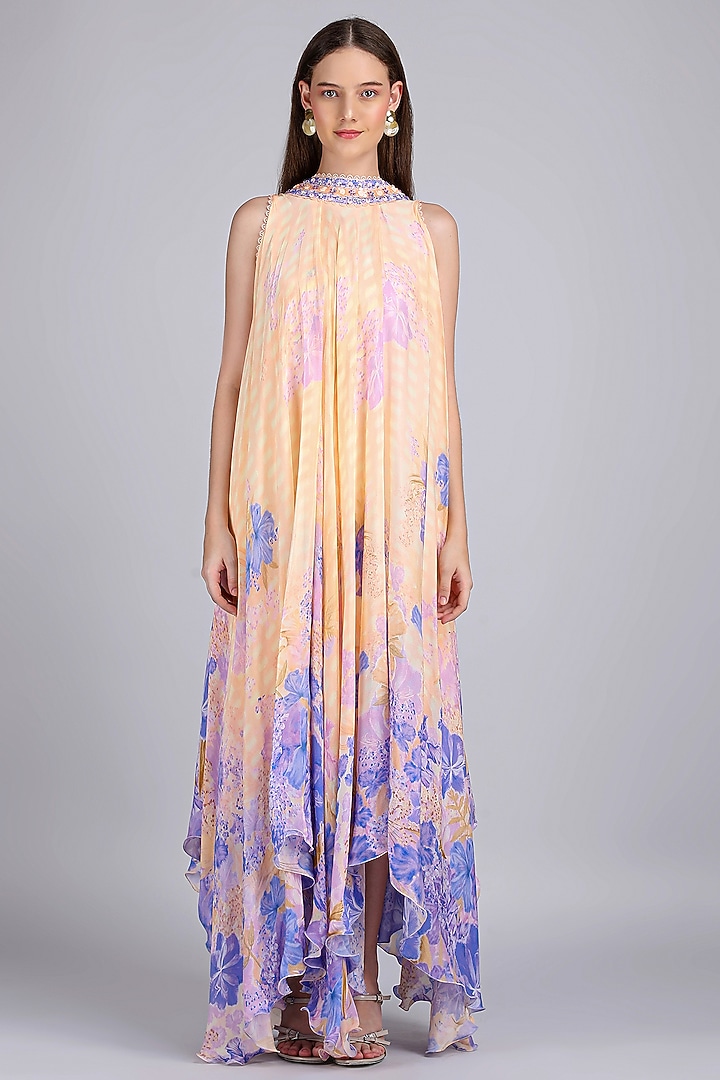 Ivory & Purple Chiffon Printed & Embroidered High-Low Vacation Dress by Mandira Wirk - Resort at Pernia's Pop Up Shop