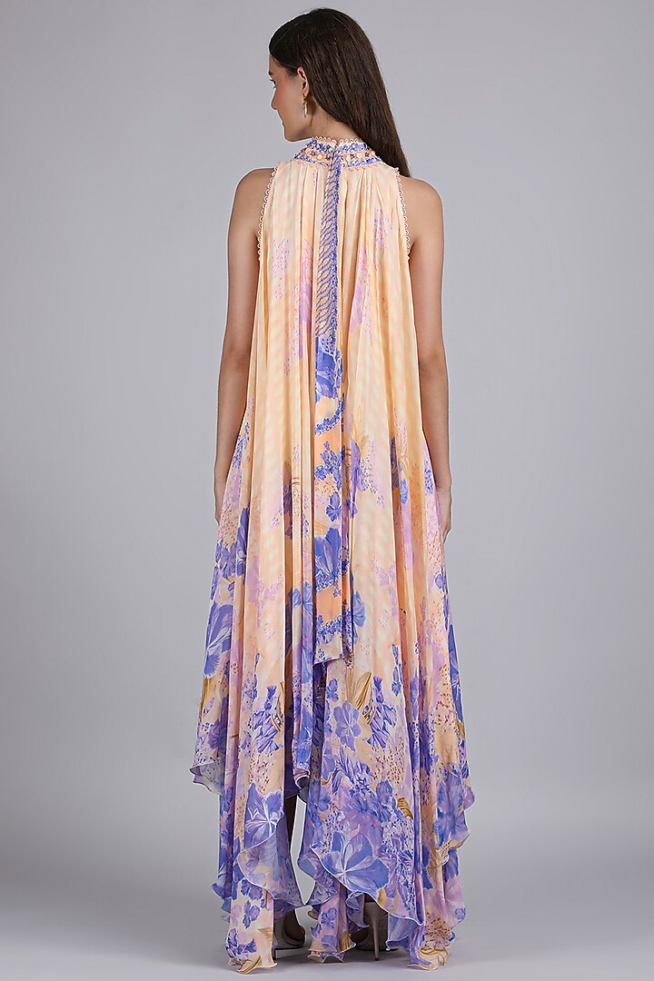 Ivory & Purple Chiffon Printed & Embroidered High-Low Vacation Dress by Mandira Wirk - Resort at Pernia's Pop Up Shop