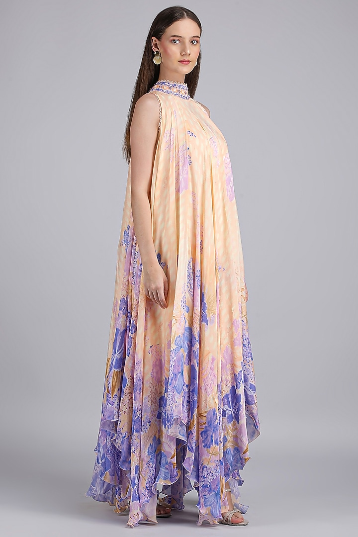 Ivory & Purple Chiffon Printed & Embroidered High-Low Vacation Dress by Mandira Wirk - Resort at Pernia's Pop Up Shop