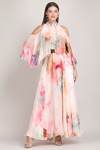 Pink Chiffon Printed Dress by Mandira Wirk - Resort