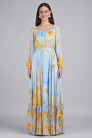 Blue Chiffon Printed & Embroidered Dress by Mandira Wirk - Resort