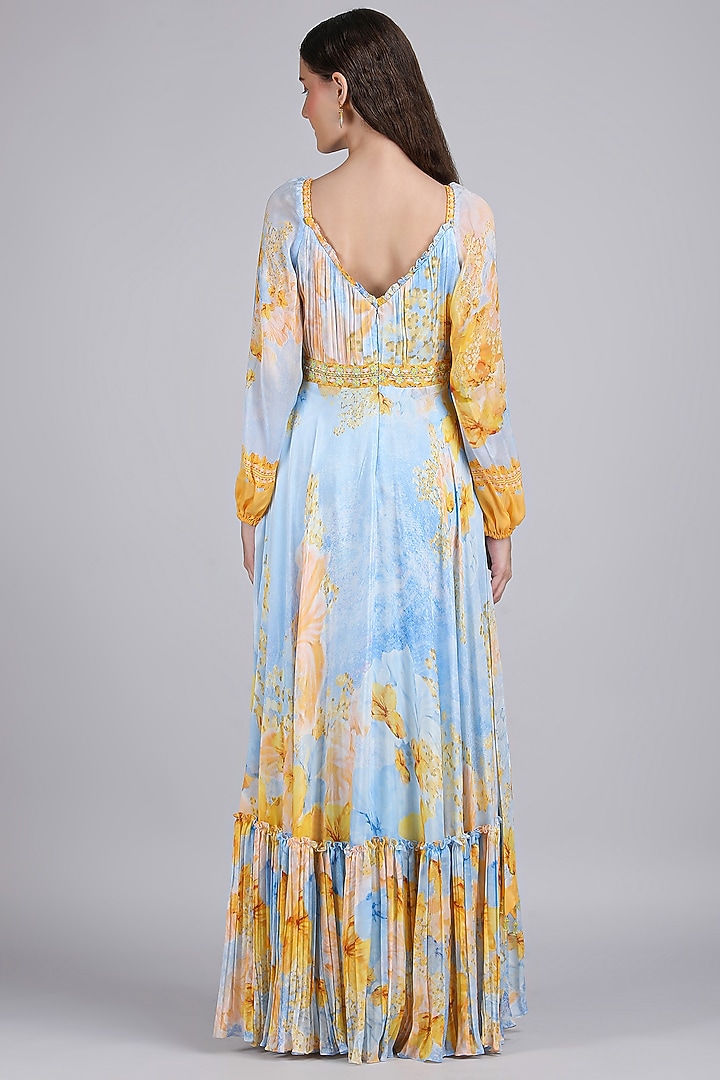 Blue Chiffon Printed & Embroidered Cocktail Dress by Mandira Wirk - Resort at Pernia's Pop Up Shop