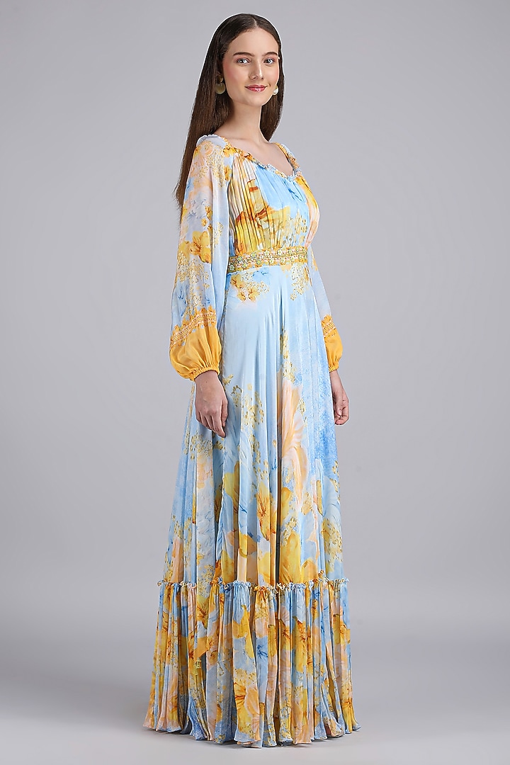 Blue Chiffon Printed & Embroidered Cocktail Dress by Mandira Wirk - Resort at Pernia's Pop Up Shop