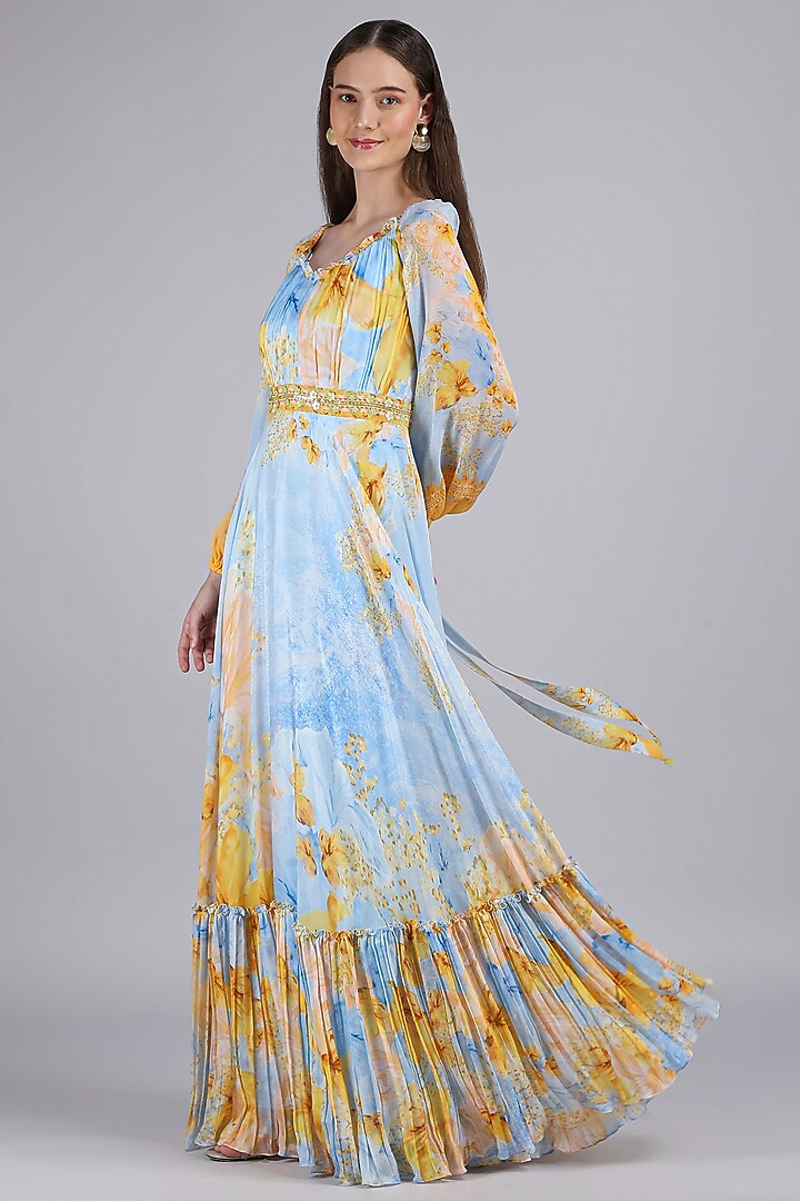 Blue Chiffon Printed & Embroidered Cocktail Dress by Mandira Wirk - Resort at Pernia's Pop Up Shop