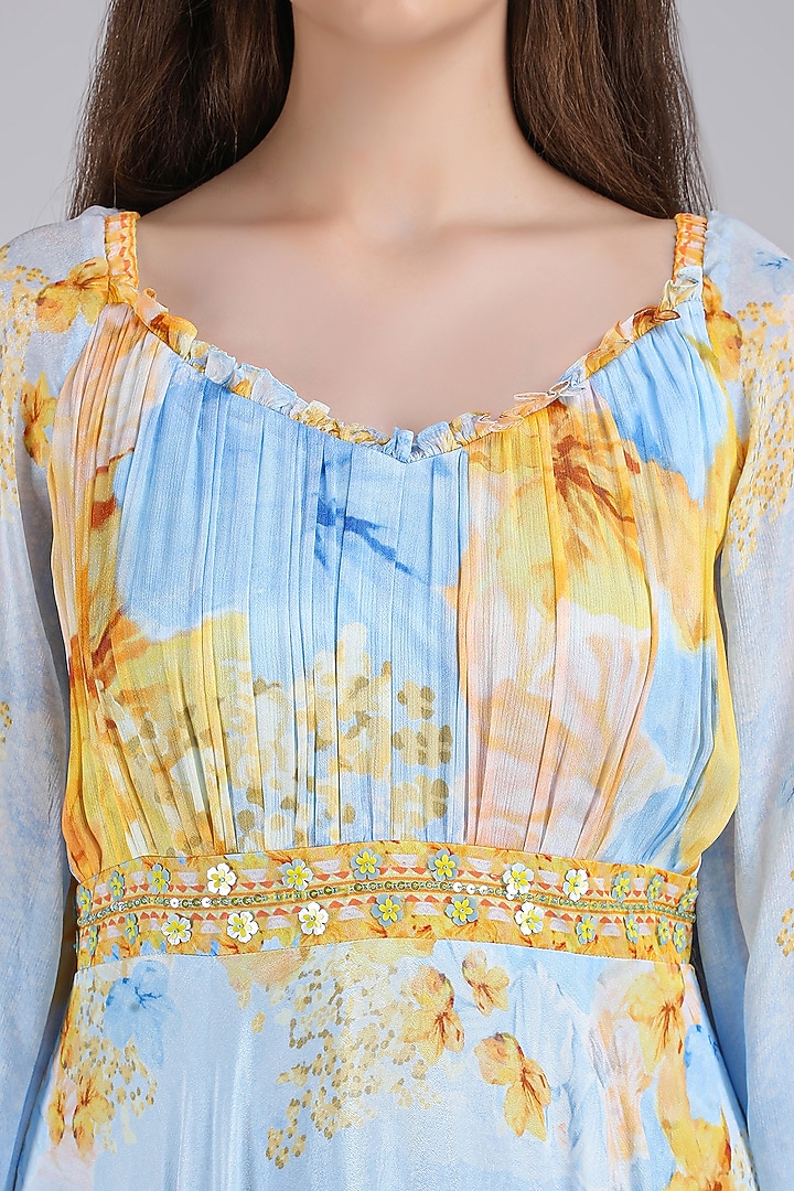 Blue Chiffon Printed & Embroidered Cocktail Dress by Mandira Wirk - Resort at Pernia's Pop Up Shop