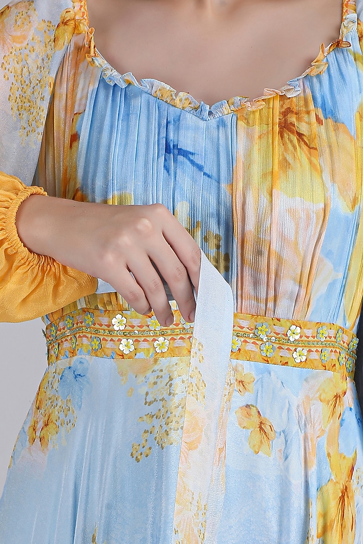 Blue Chiffon Printed & Embroidered Cocktail Dress by Mandira Wirk - Resort at Pernia's Pop Up Shop