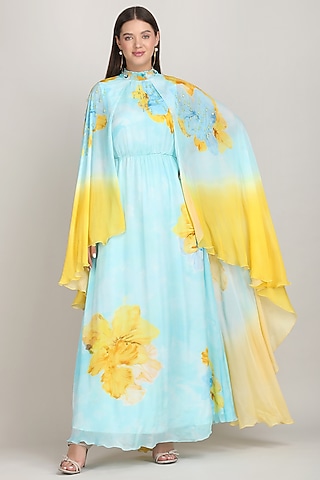 Light Teal Chiffon Printed & Embroidered Dress by Mandira Wirk - Resort