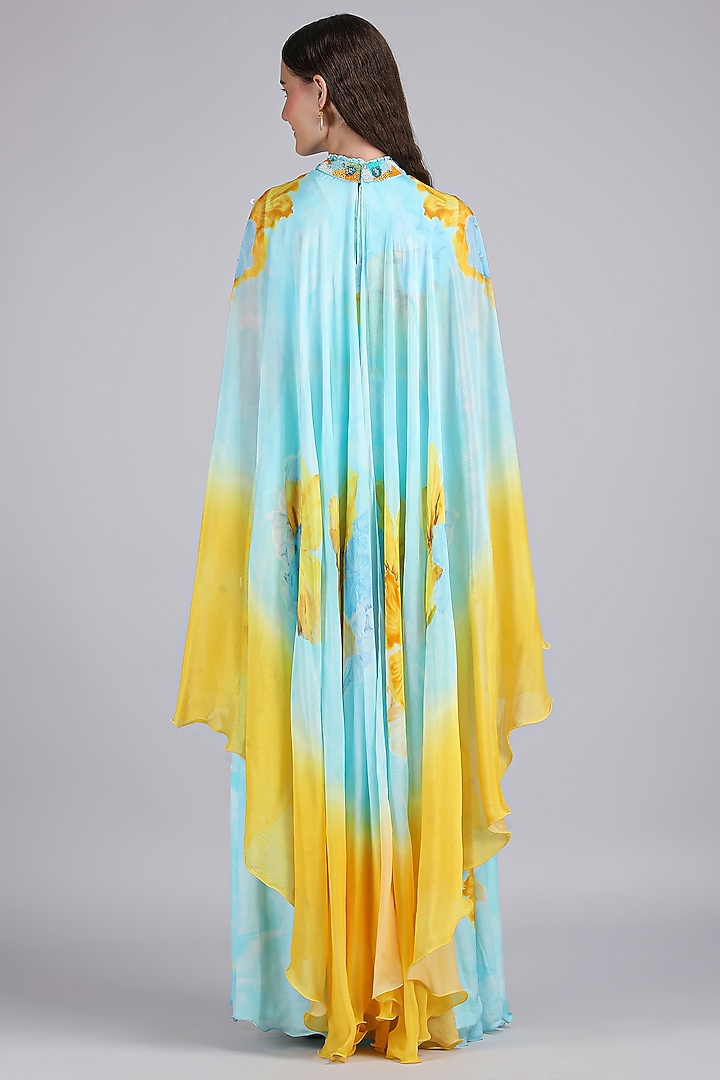 Light Teal Chiffon Printed & Embroidered Vacation Dress by Mandira Wirk - Resort at Pernia's Pop Up Shop