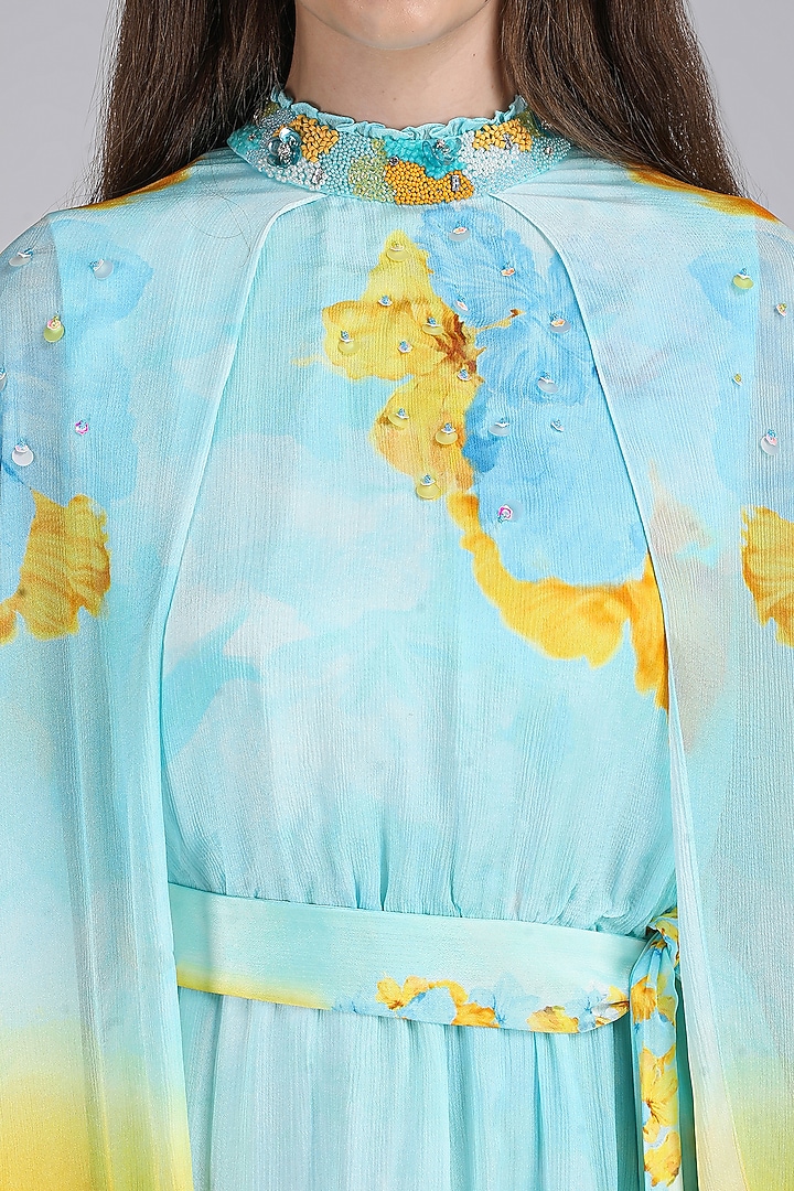 Light Teal Chiffon Printed & Embroidered Vacation Dress by Mandira Wirk - Resort at Pernia's Pop Up Shop