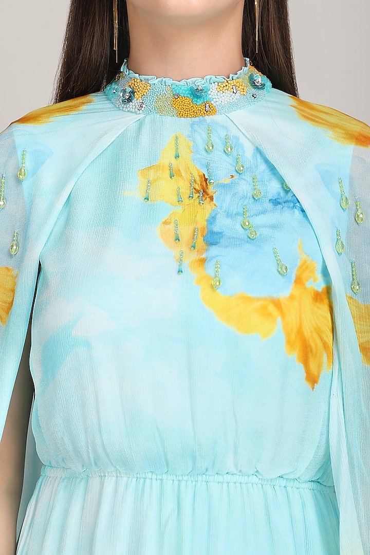 Light Teal Chiffon Printed & Embroidered Vacation Dress by Mandira Wirk - Resort at Pernia's Pop Up Shop