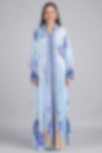 Blue Crepe Printed & Embroidered Kaftan Shirt Vacation Dress by Mandira Wirk - Resort at Pernia's Pop Up Shop