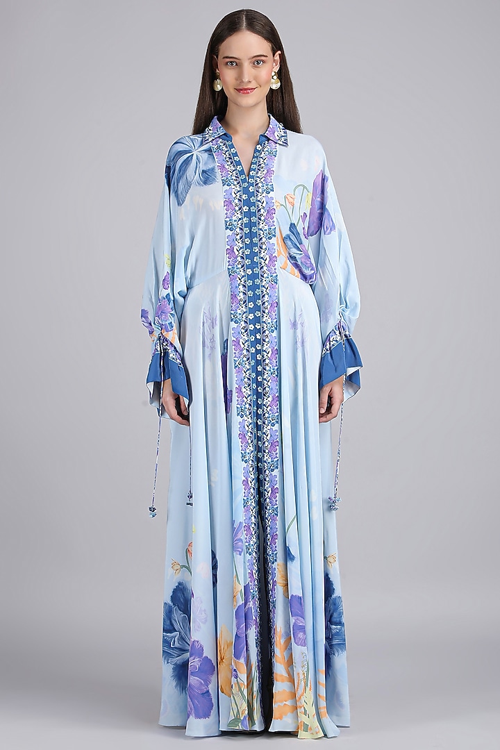 Blue Crepe Printed & Embroidered Kaftan Shirt Vacation Dress by Mandira Wirk - Resort at Pernia's Pop Up Shop