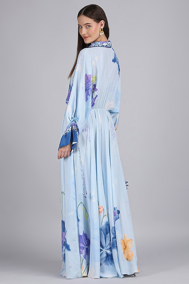 Blue Crepe Printed & Embroidered Kaftan Shirt Vacation Dress by Mandira Wirk - Resort at Pernia's Pop Up Shop