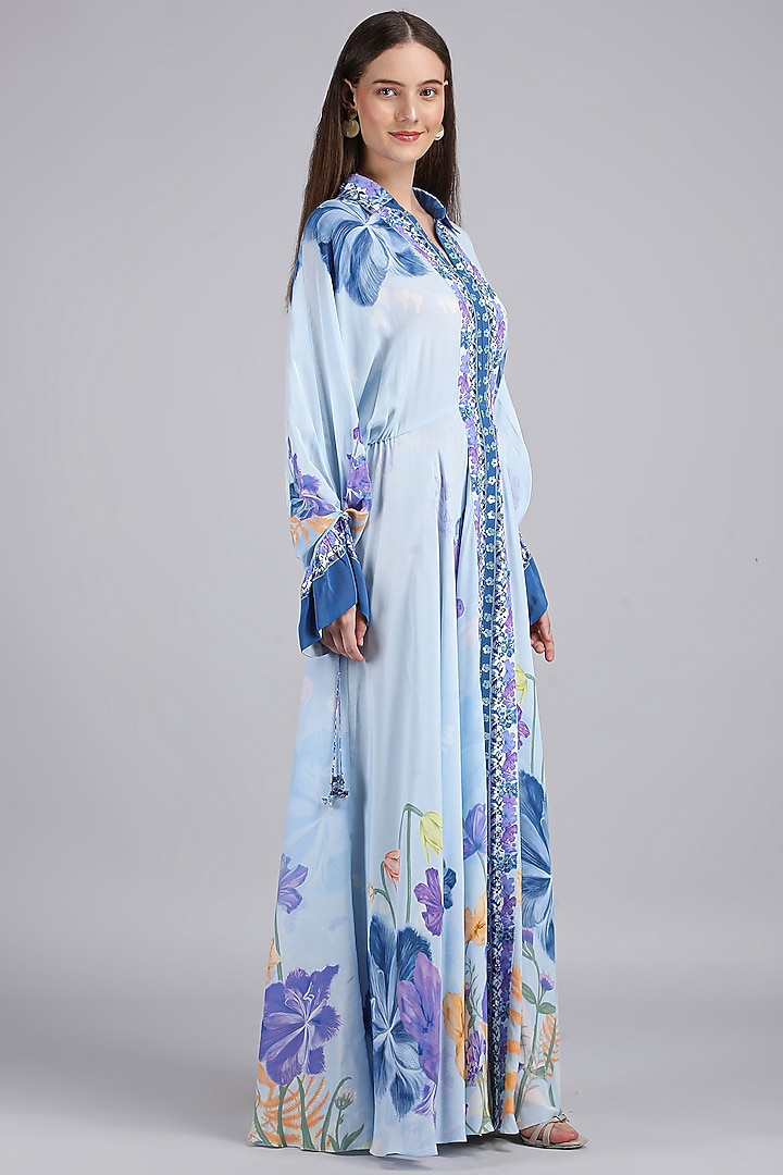 Blue Crepe Printed & Embroidered Kaftan Shirt Vacation Dress by Mandira Wirk - Resort at Pernia's Pop Up Shop
