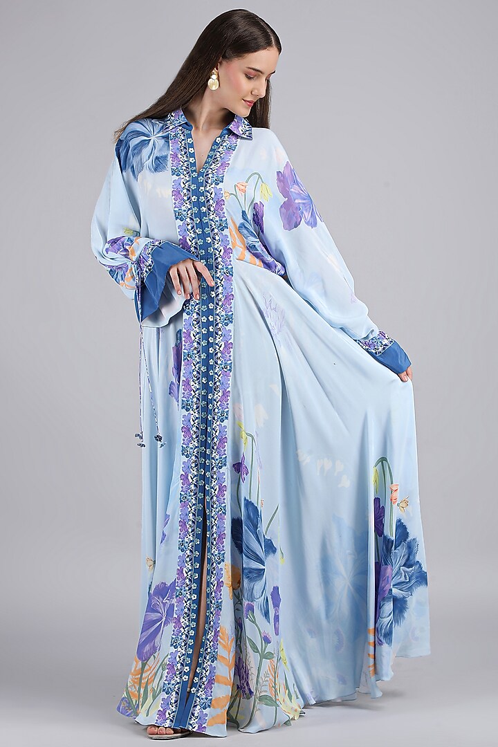 Blue Crepe Printed & Embroidered Kaftan Shirt Vacation Dress by Mandira Wirk - Resort at Pernia's Pop Up Shop