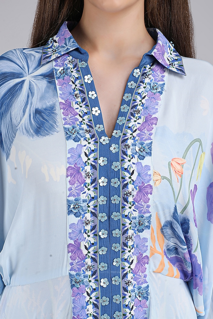 Blue Crepe Printed & Embroidered Kaftan Shirt Vacation Dress by Mandira Wirk - Resort at Pernia's Pop Up Shop