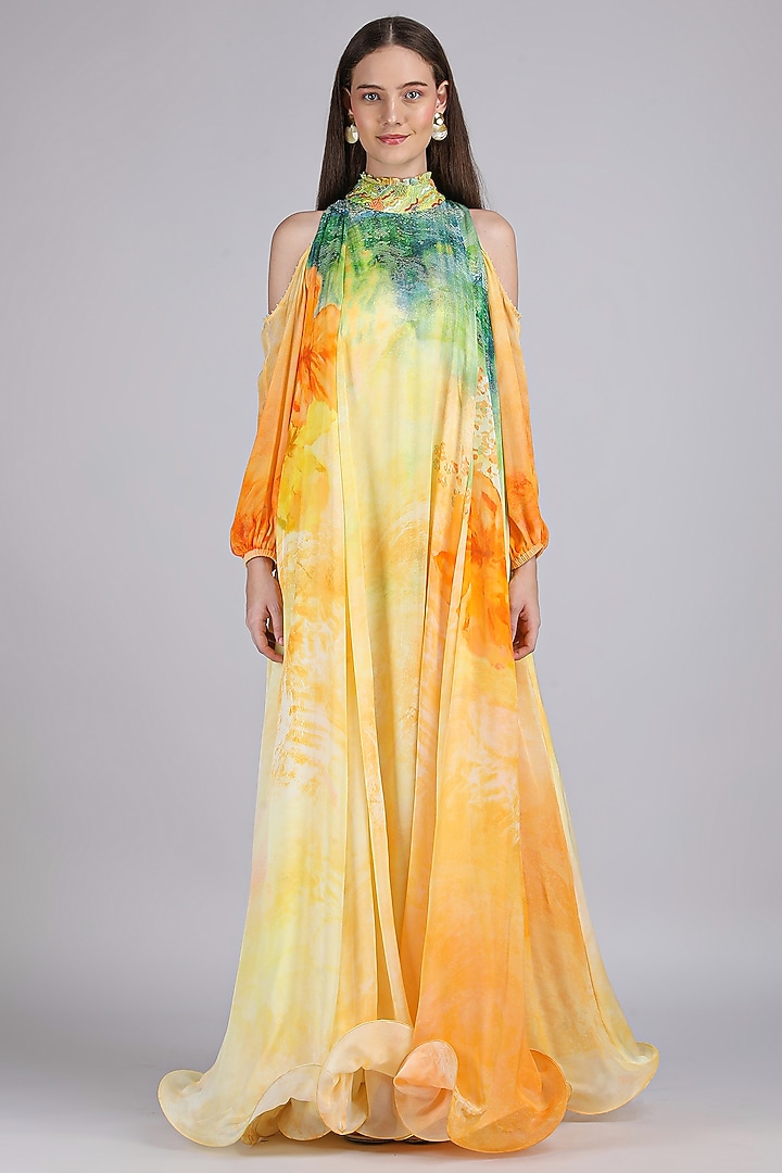Yellow Chiffon Printed & Embroidered Vacation Dress by Mandira Wirk - Resort at Pernia's Pop Up Shop