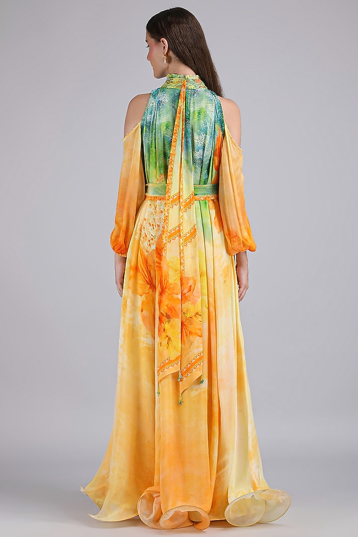 Yellow Chiffon Printed & Embroidered Vacation Dress by Mandira Wirk - Resort at Pernia's Pop Up Shop