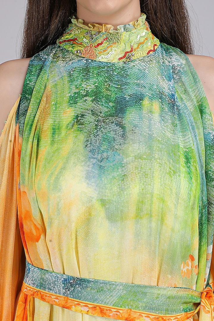 Yellow Chiffon Printed & Embroidered Vacation Dress by Mandira Wirk - Resort at Pernia's Pop Up Shop