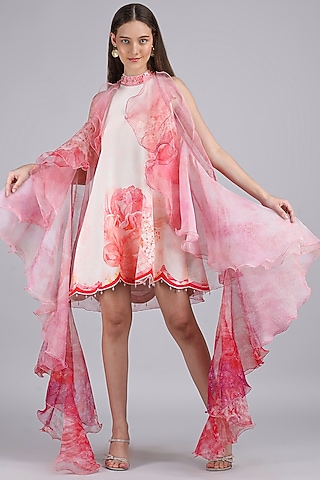 Pink Crepe & Silk Organza Printed Dress by Mandira Wirk - Resort