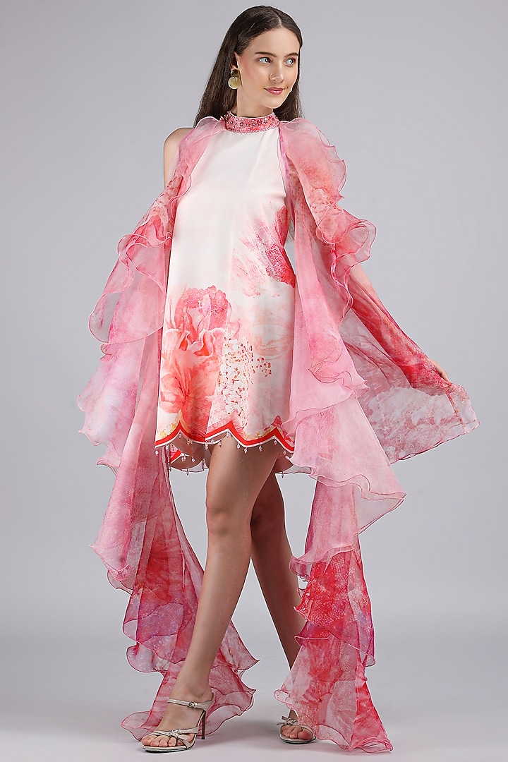 Pink Crepe & Silk Organza Printed Vacation Dress by Mandira Wirk - Resort at Pernia's Pop Up Shop