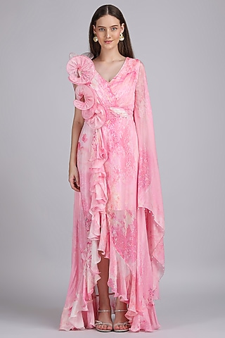 Pink Chiffon Printed & Embroidered Dress by Mandira Wirk - Resort