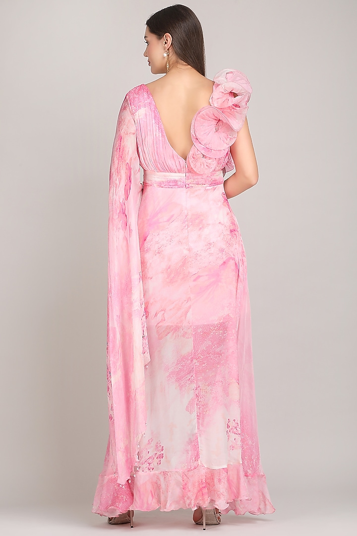 Pink Chiffon Printed & Embroidered Cocktail Dress by Mandira Wirk - Resort at Pernia's Pop Up Shop