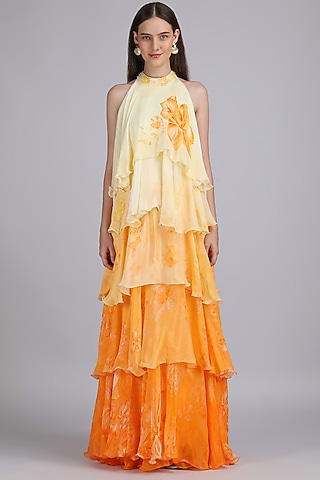 Yellow Chiffon Embroidered Ombre Dress by Mandira Wirk - Resort