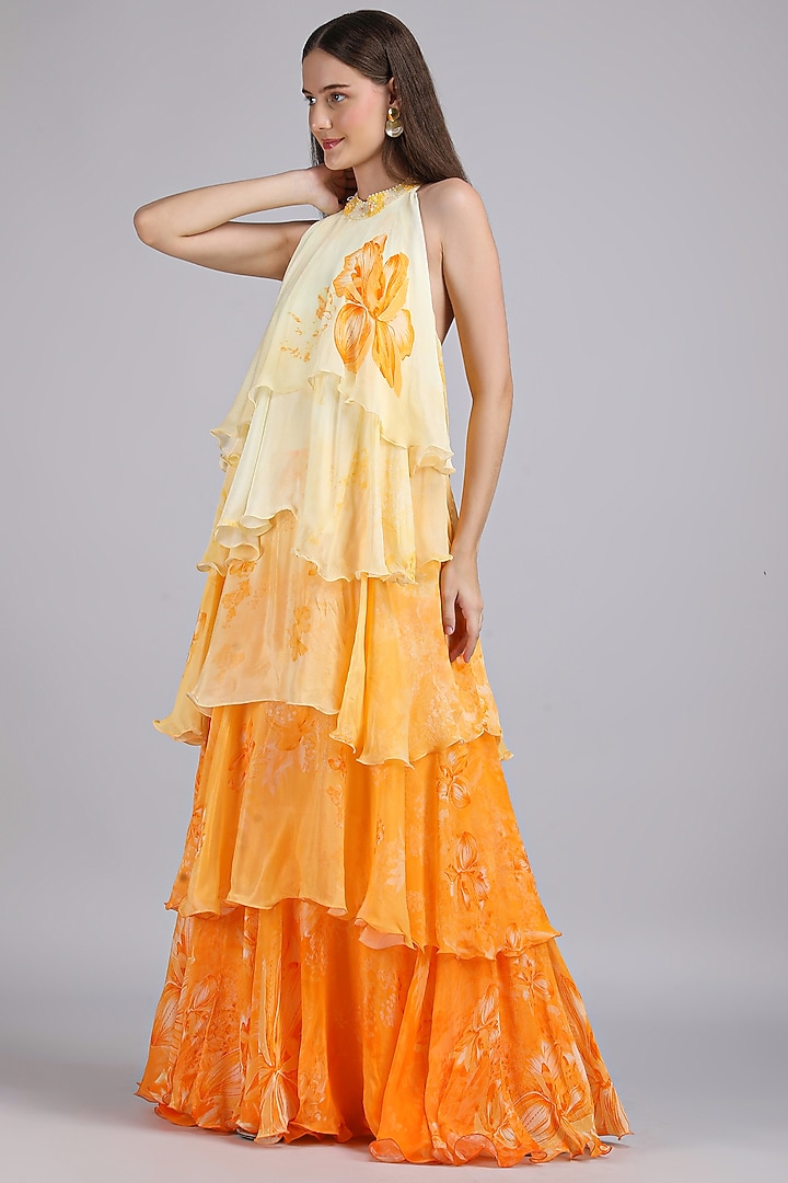Yellow Chiffon Embroidered Ombre Vacation Dress by Mandira Wirk - Resort at Pernia's Pop Up Shop