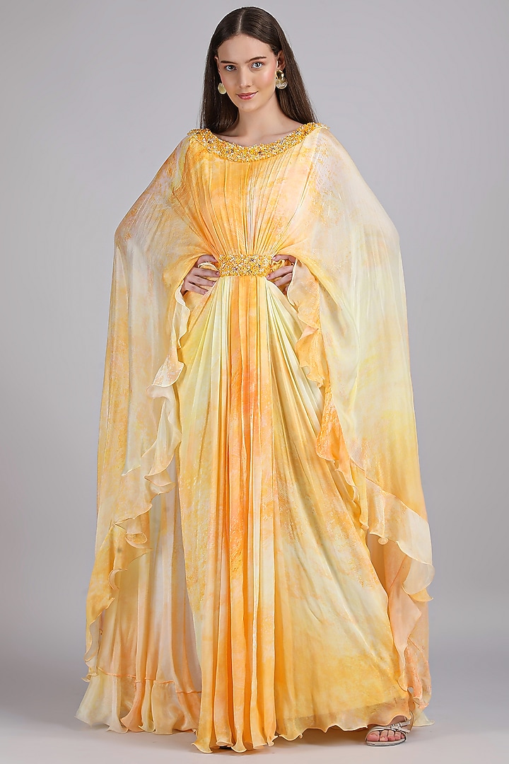 Yellow Chiffon Printed & Embroidered Cocktail Dress by Mandira Wirk - Resort at Pernia's Pop Up Shop