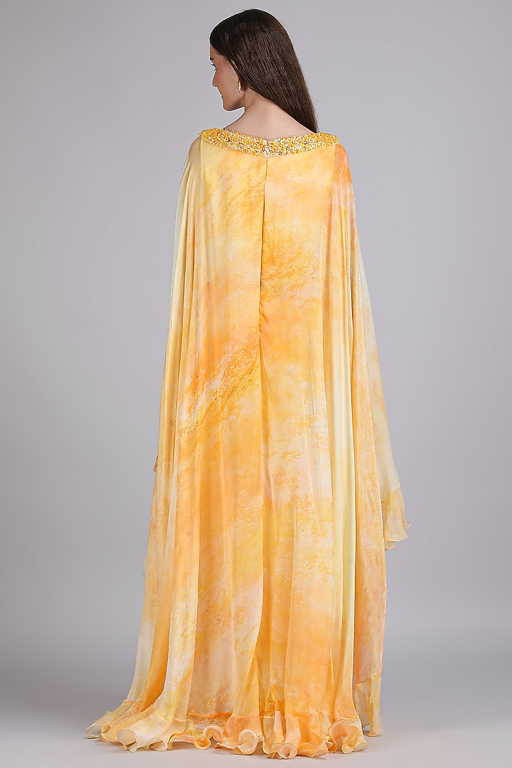 Yellow Chiffon Printed & Embroidered Cocktail Dress by Mandira Wirk - Resort at Pernia's Pop Up Shop