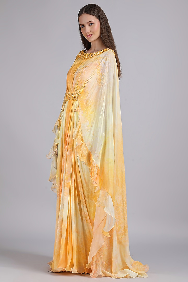 Yellow Chiffon Printed & Embroidered Cocktail Dress by Mandira Wirk - Resort at Pernia's Pop Up Shop