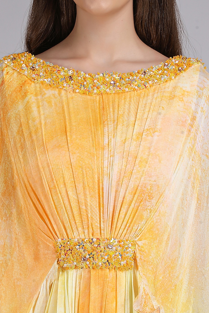 Yellow Chiffon Printed & Embroidered Cocktail Dress by Mandira Wirk - Resort at Pernia's Pop Up Shop