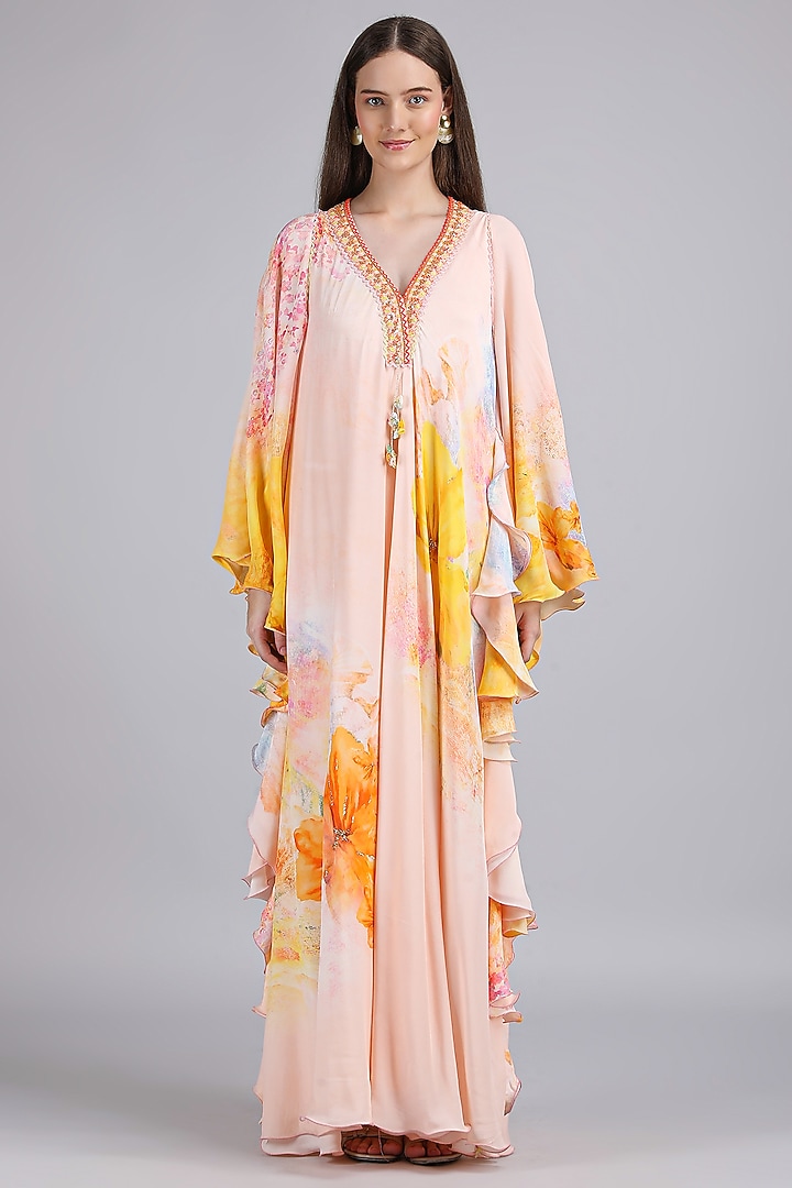 Peach Crepe Printed & Embroidered Kaftan Vacation Dress by Mandira Wirk - Resort at Pernia's Pop Up Shop