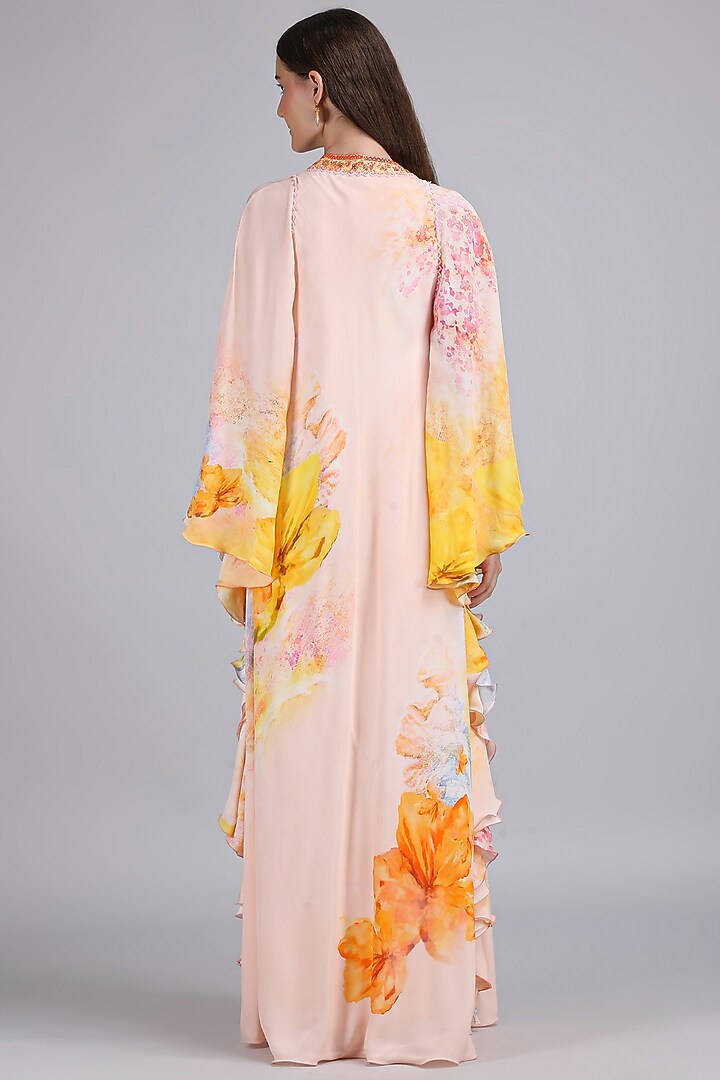 Peach Crepe Printed & Embroidered Kaftan Vacation Dress by Mandira Wirk - Resort at Pernia's Pop Up Shop