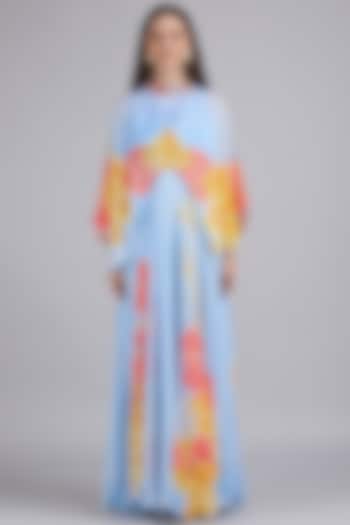 Blue Chiffon Printed & Embroidered Cape Vacation Dress by Mandira Wirk - Resort at Pernia's Pop Up Shop