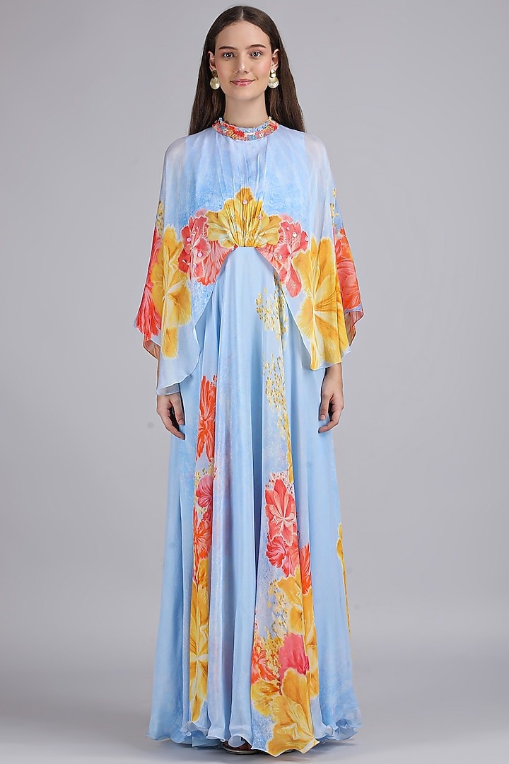 Blue Chiffon Printed & Embroidered Cape Vacation Dress by Mandira Wirk - Resort at Pernia's Pop Up Shop