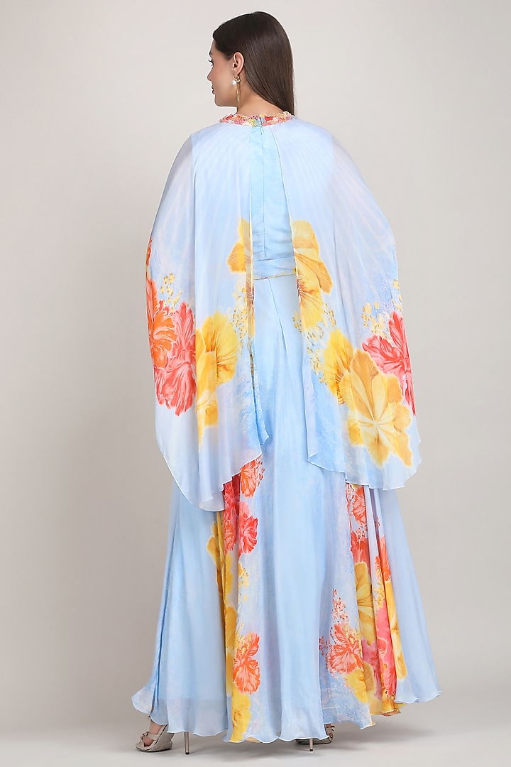 Blue Chiffon Printed & Embroidered Cape Vacation Dress by Mandira Wirk - Resort at Pernia's Pop Up Shop