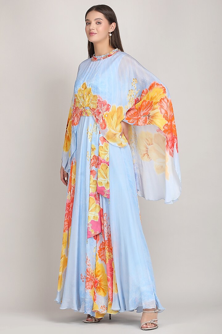Blue Chiffon Printed & Embroidered Cape Vacation Dress by Mandira Wirk - Resort at Pernia's Pop Up Shop
