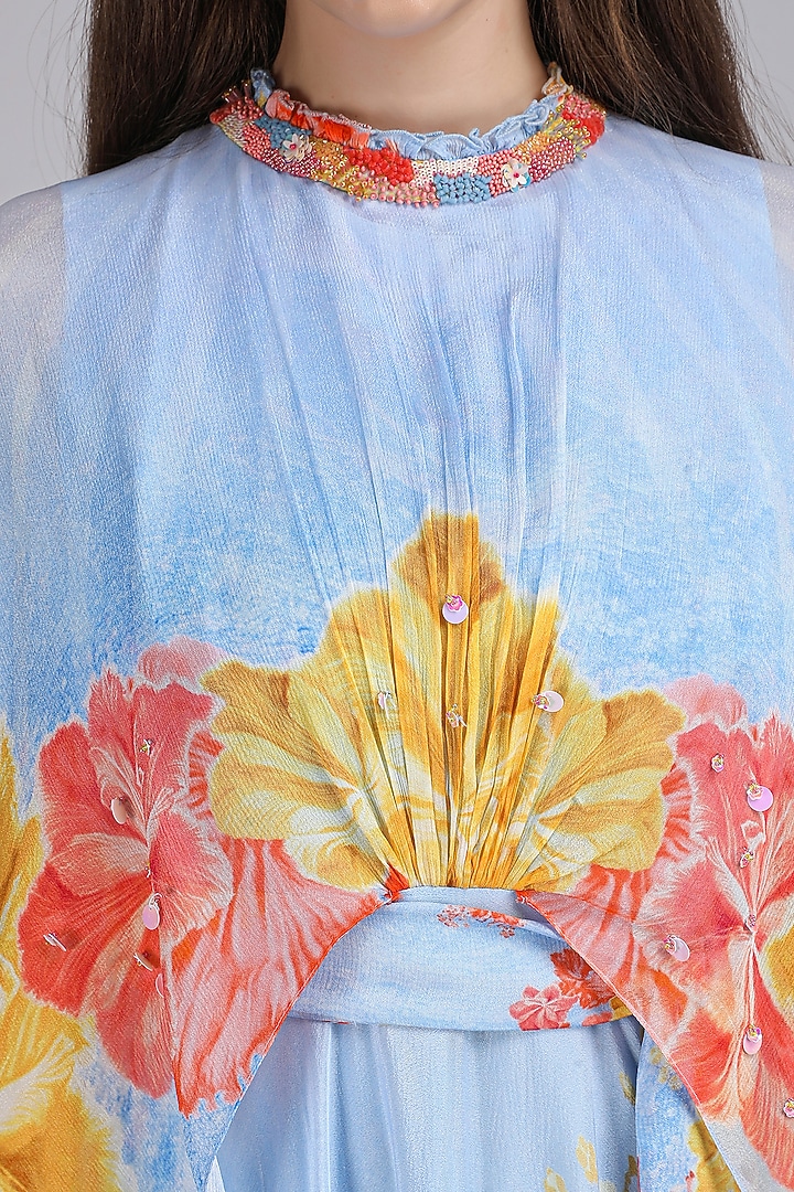 Blue Chiffon Printed & Embroidered Cape Vacation Dress by Mandira Wirk - Resort at Pernia's Pop Up Shop