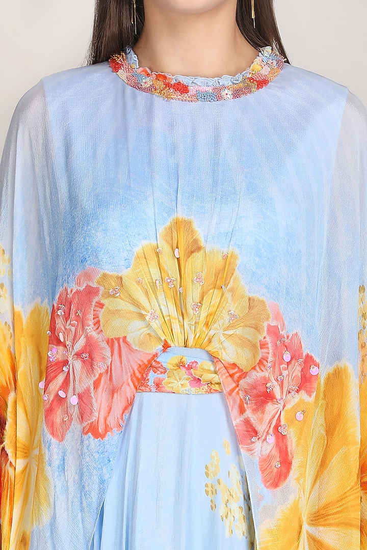 Blue Chiffon Printed & Embroidered Cape Vacation Dress by Mandira Wirk - Resort at Pernia's Pop Up Shop