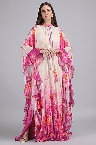 Ivory Chiffon Printed & Embroidered Kaftan by Mandira Wirk - Resort