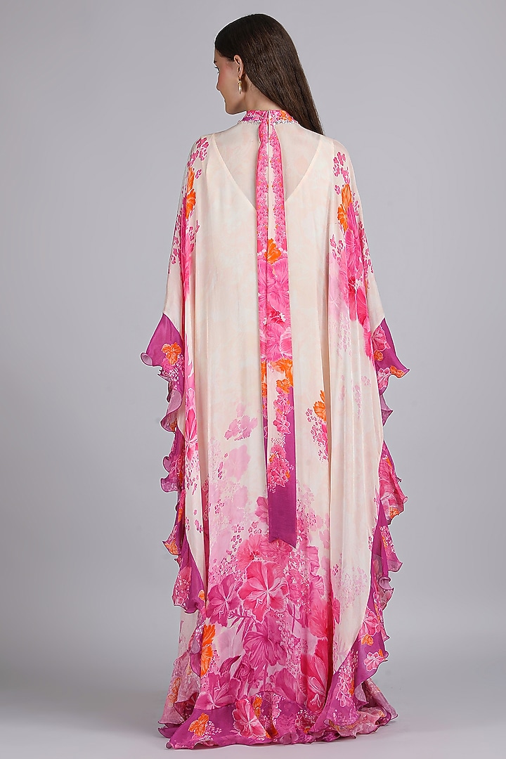 Ivory Chiffon Printed & Embroidered Kaftan by Mandira Wirk - Resort at Pernia's Pop Up Shop