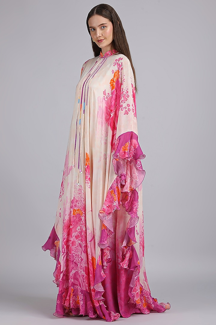 Ivory Chiffon Printed & Embroidered Kaftan by Mandira Wirk - Resort at Pernia's Pop Up Shop