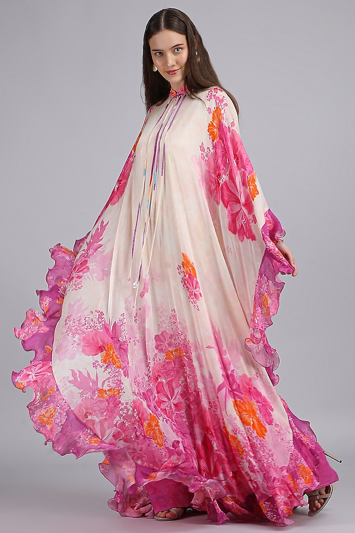 Ivory Chiffon Printed & Embroidered Kaftan by Mandira Wirk - Resort at Pernia's Pop Up Shop