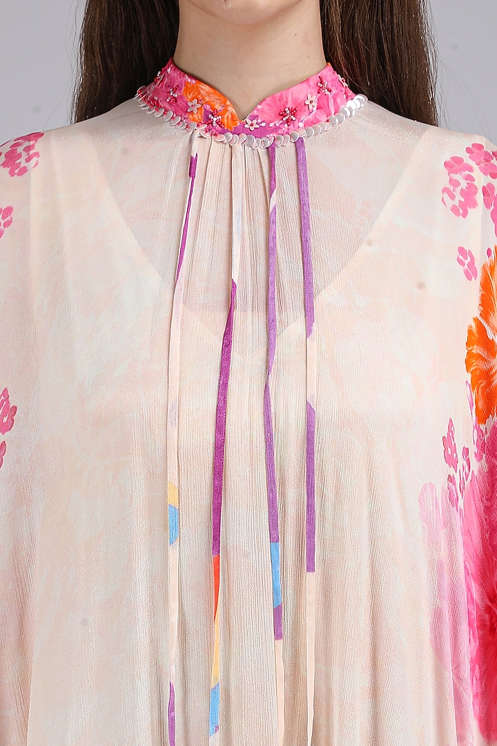 Ivory Chiffon Printed & Embroidered Kaftan by Mandira Wirk - Resort at Pernia's Pop Up Shop